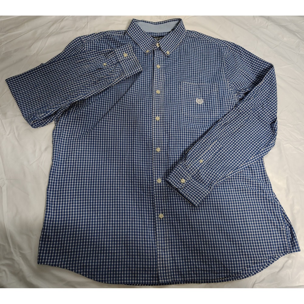 Chaps Mens XXL Gingham Check Button Down Shirt Blue White Easy Care Long Sleeve